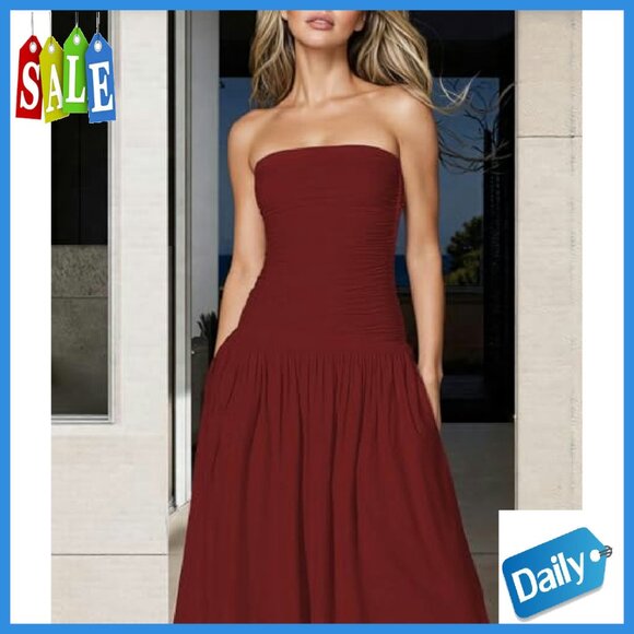 Strapless Ruched High Waist Long Floral Dress Off Shoulder Backless - Picture 6 of 7